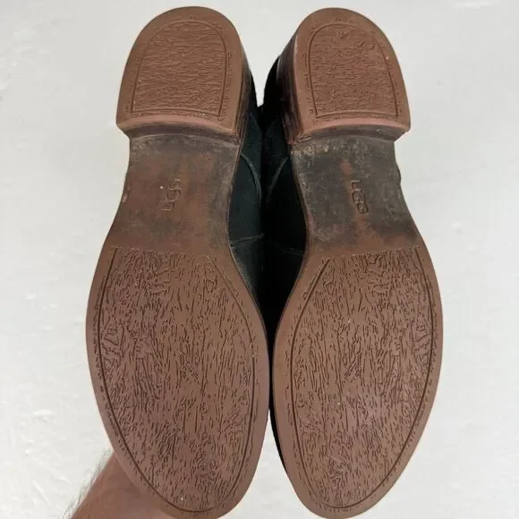 Size 9.5 - Ugg Cydnee Boots Black Leather Knee High Buckle Sheepskin Shearling - Picture 6 of 9